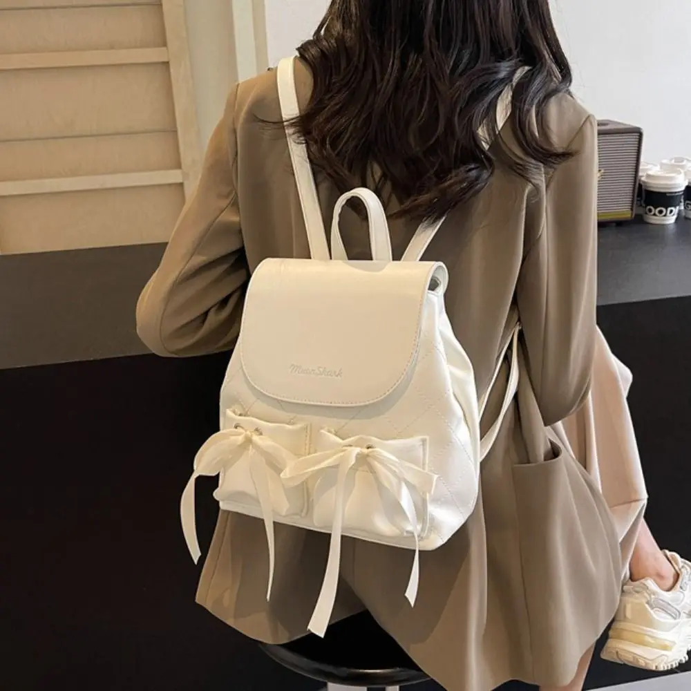 

Korean Style Bowknot Backpack Double Bow Ballet Style Nylon Drawstring Knapsack Large Capacity Solid Color Y2k School Bag