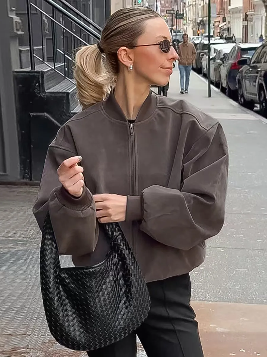 

Retro Grey Suede Loose Jacket Fashionable Long Sleeve V-Neck Casual Outerwear Women's Short Coat Zipper Closure Color