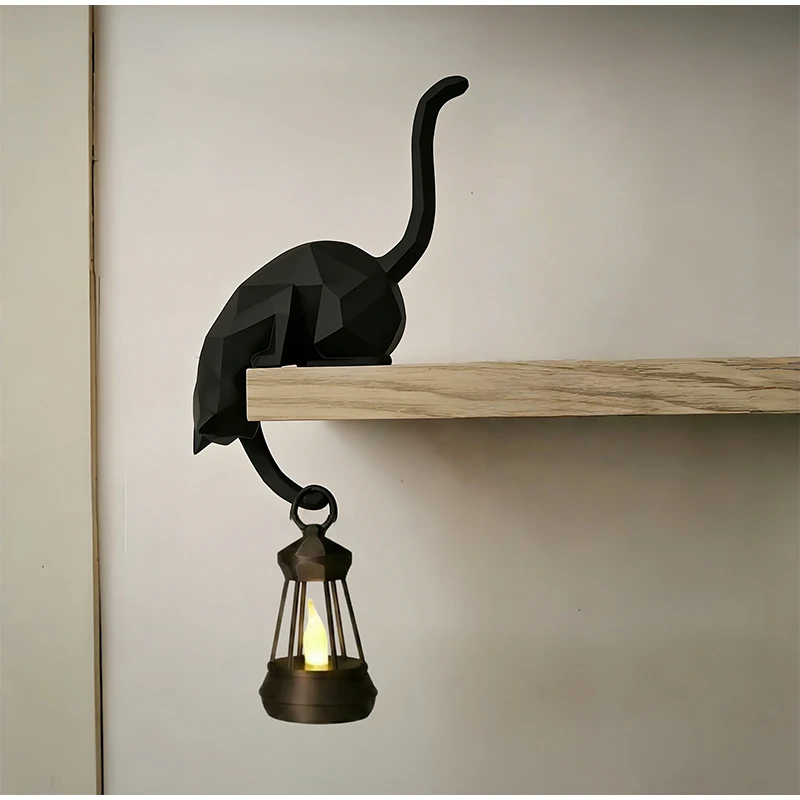 Statuette de chat gothique à l'aspect sorcier, figurine en résine avec lanterne suspendue, décoration d'Halloween pour bibliothèque, bureau, maison, cadeau unique.