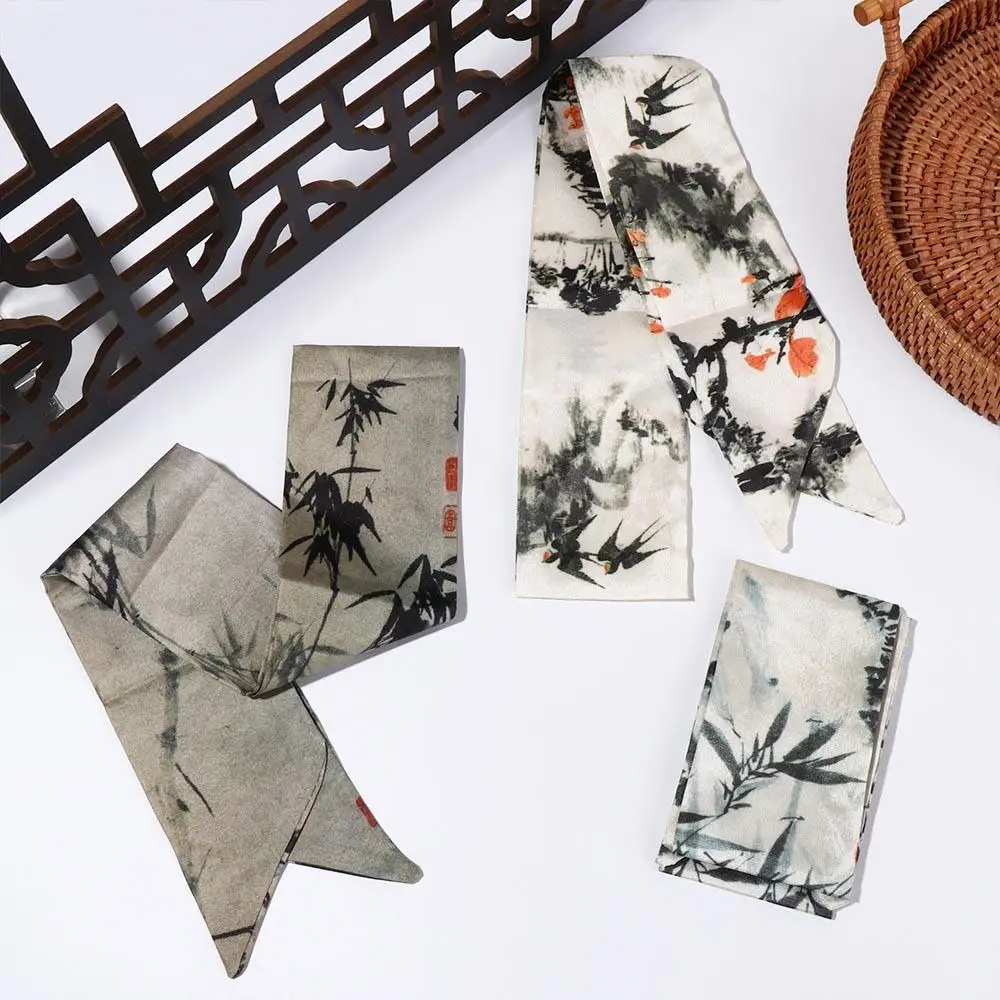 Elegant Long Ink Painting Silk Scarf Ribbon Minimalist Style Long Silk Scarf Tie Headband Ribbon Headband Girl