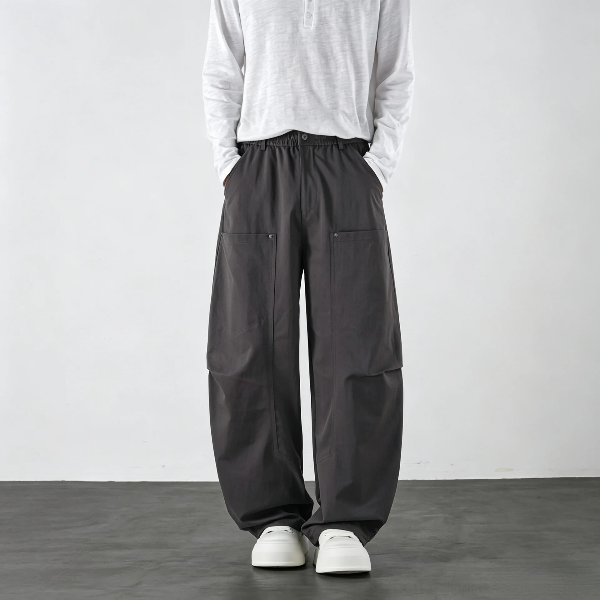 Men's Workwear Cargo Pants Street Outfits Straight Leg Wide‑Leg Loose Fit Casual Pants Solid Color Large Multi‑Pocket Trousers