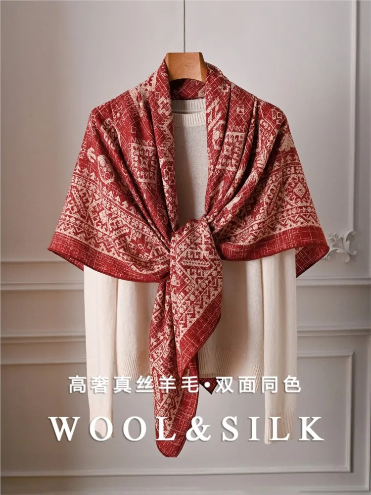 Red silk and wool scarf large square summer air-conditioned room shawl outerwear for women new style