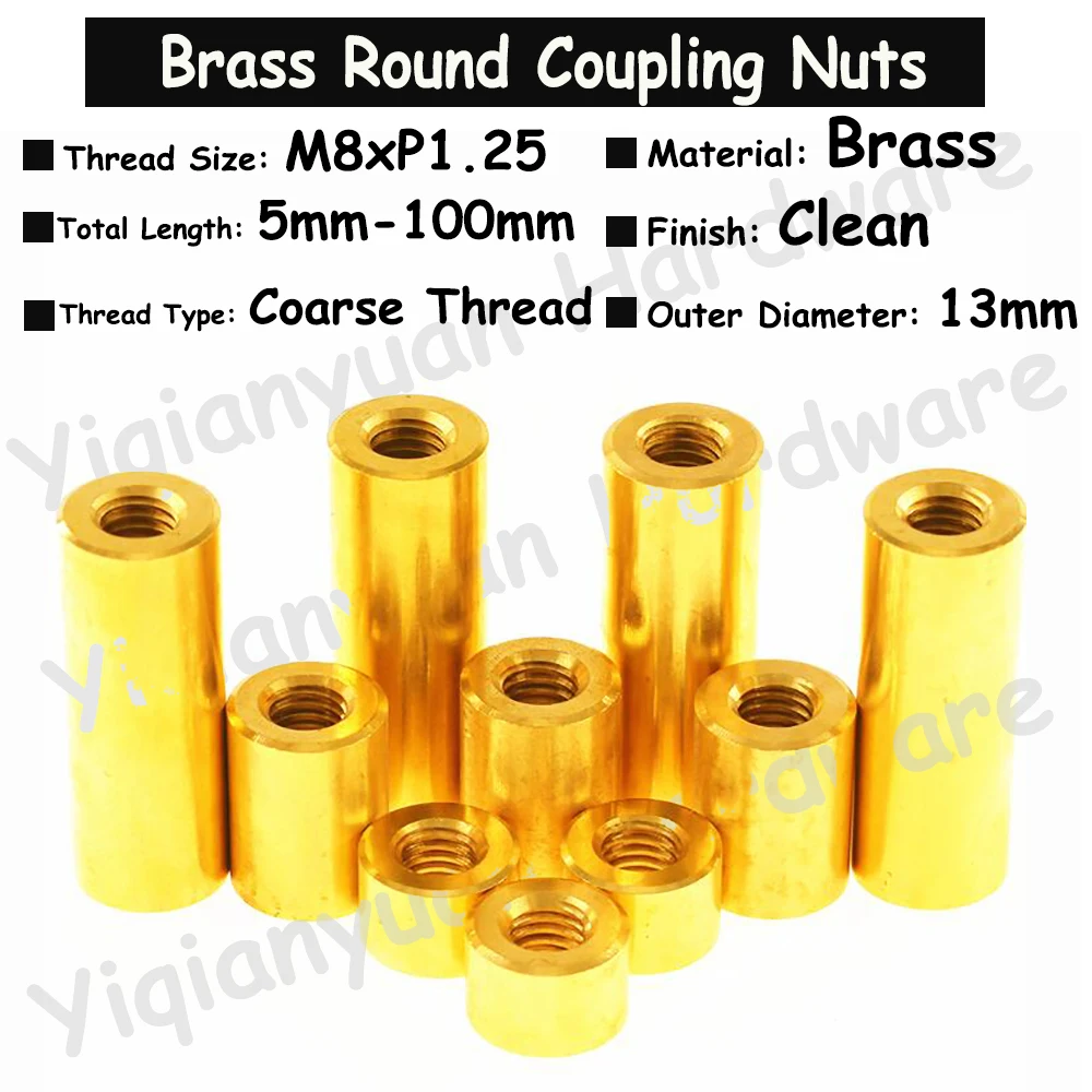 

M8xP1.25 Coarse Thread Brass Extend Long Lengthen Round Coupling Nut Connector Joint Sleeve Thicken Nut Copper Round Tubular Nut