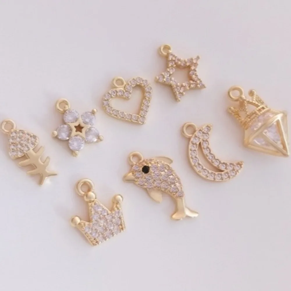 

1 шт. медные подвески 14 К золото цвет миниатюрный кулон с цирконом пентаграмма Луна персиковое сердце Корона дельфин кулон DIY ювелирные изделия кулон