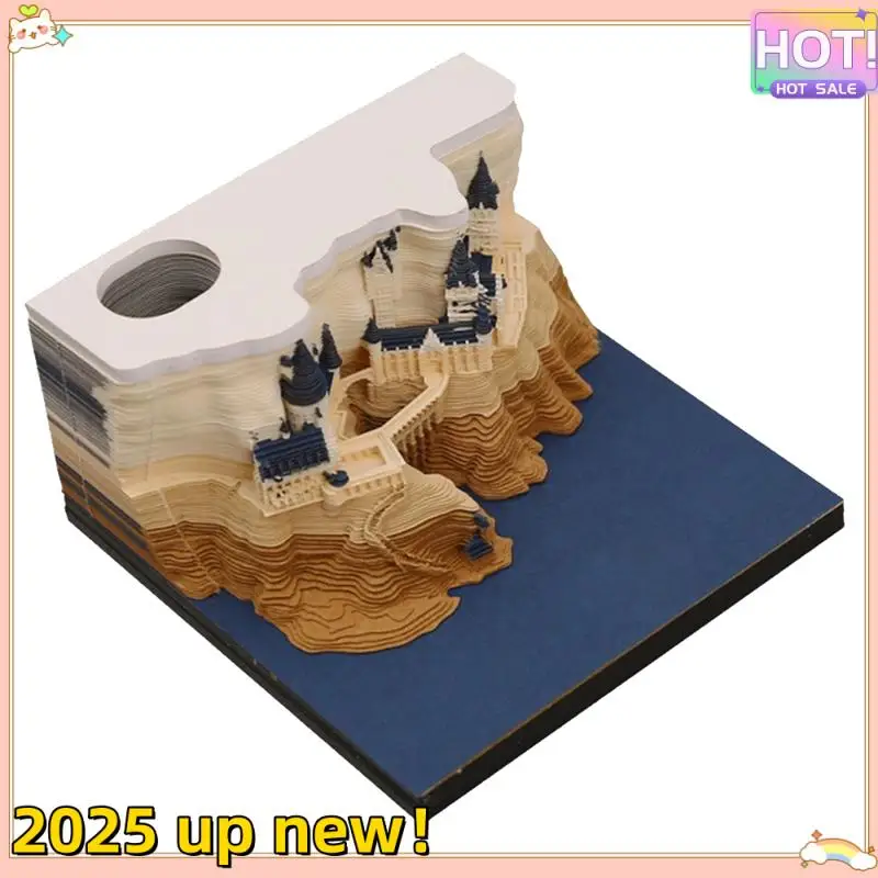 Classy-1 Set 3D Castle Calendar With LED Lights Paper Carving Art Desk Calendar Magic Castle Weekly Calendar Notepad Pen Holder