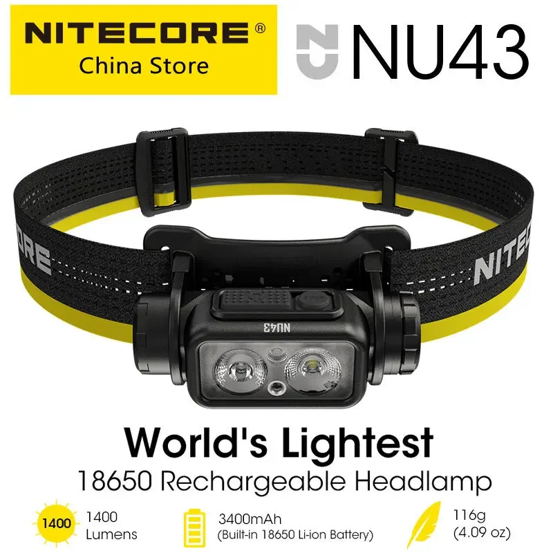 NITECORE NU43 USB-C Rechargeable Headlamp 1400 Lumens for Trail Running LED Work Light Fishing Trekking, Built in 18650 Battery