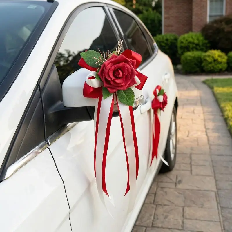 1Pcs Wedding Car Rearview Mirror Flower Decor Classic Bow Door Handle Decoration for Ceremony Party Reception Vehicles