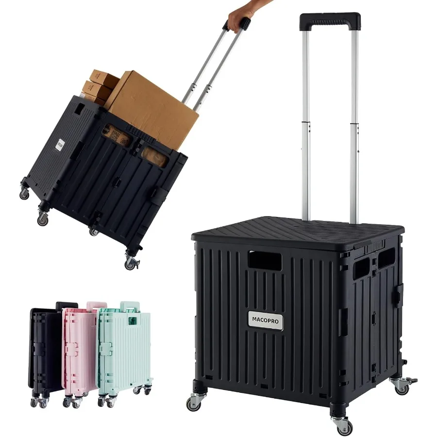 Folding Utility Cart Portable Rolling Crate Handcart Shopping Trolley Collapsible Tool Box with Lid Basket on 4 Rotate Wheels f