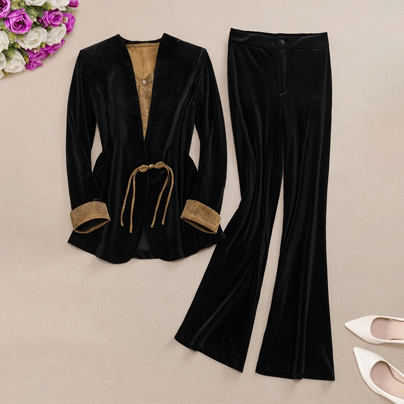 

Spring Autumn 2025 New Sle Women's Slim Fit Velvet Suit Set Traditional Chinese Sle Faionable Outerwear V-Ne ort Le...