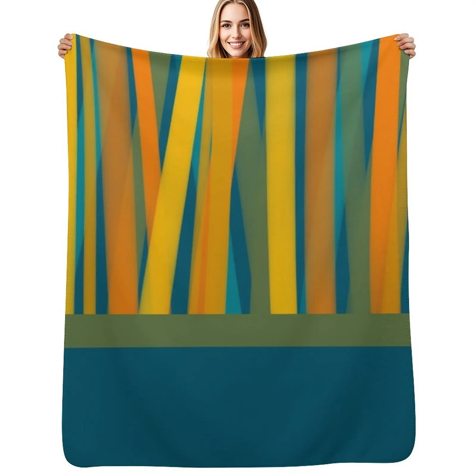 Ribbon Stripe Lined Cuff Color Block Pattern in Moroccan Blue, Mustard, Orange, Teal, and Green Throw Blanket Thin Blankets