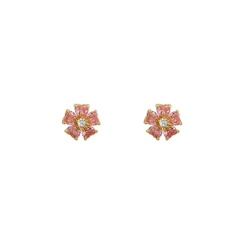 2024 New Korean Sweet Exquisite Pink Flowers Stud Earrings Elegant Fashion Little Fresh Luxury Women Earrings Jewelry