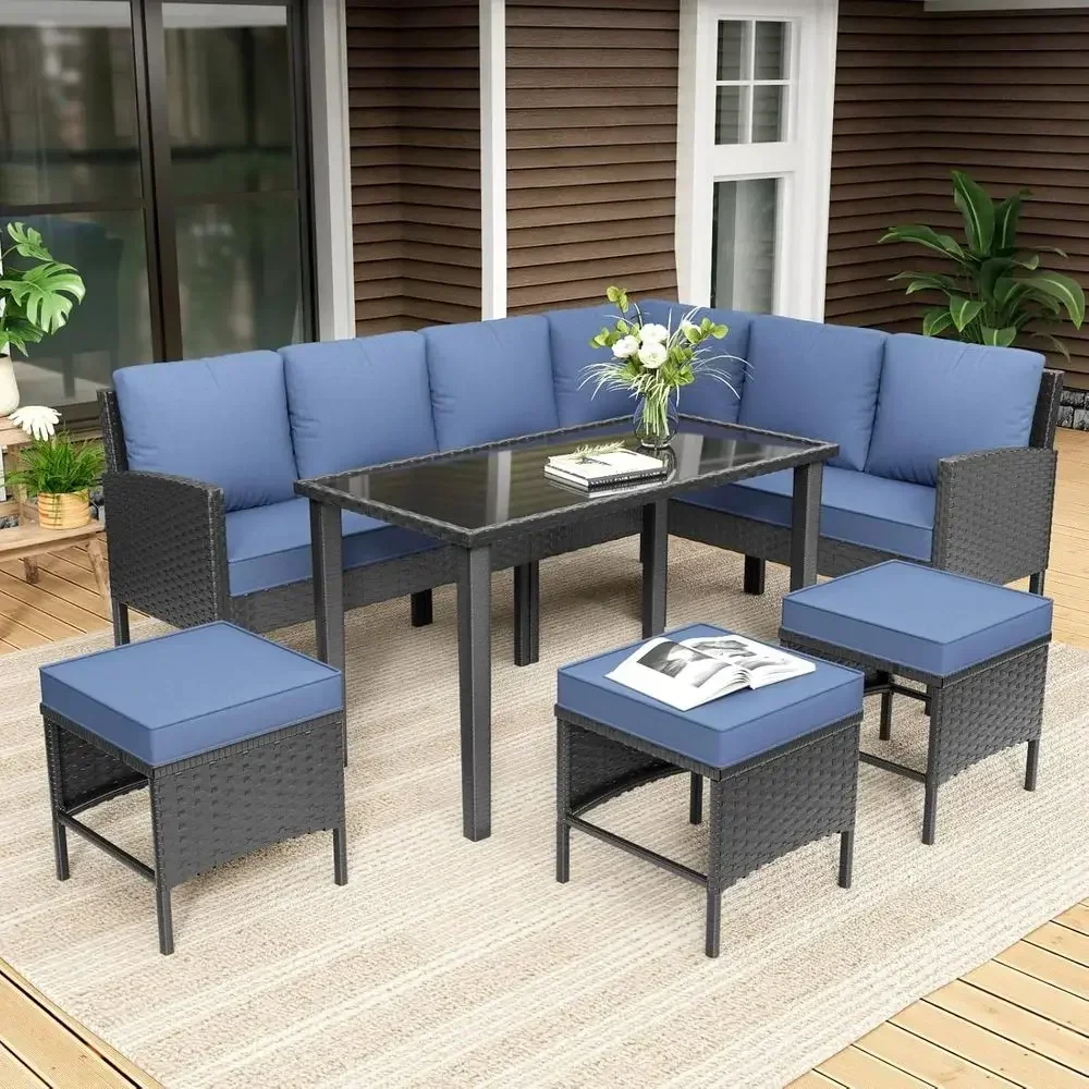 7-Piece Patio urniture Set, All-Weather Wicker Sectional Soa with Seat & Back Cushions, Long Glass Coee Table, Outdoor Rattan Co