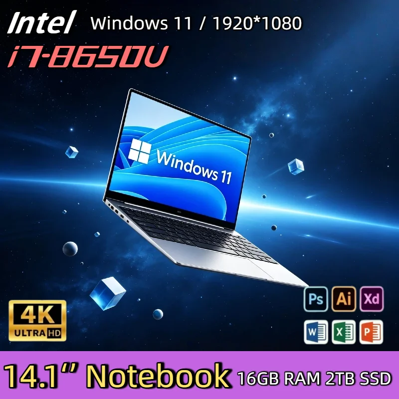 Portátil Ultra Delgado Intel Core i7 8650U de 14.1 Pulgadas, 32GB RAM, 2TB SSD, Windows 11, PC para Juegos, Oficina, Notebook, 1920x1080 HD Max