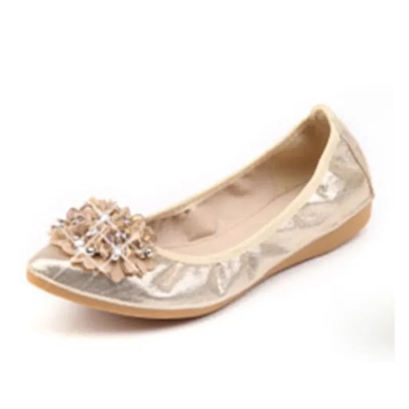 MVVJKE New Spring Women Folding Flats  Handmade Flower Rhinestone Pointed Toe Solid Soft Ballet Flats Shoes E099