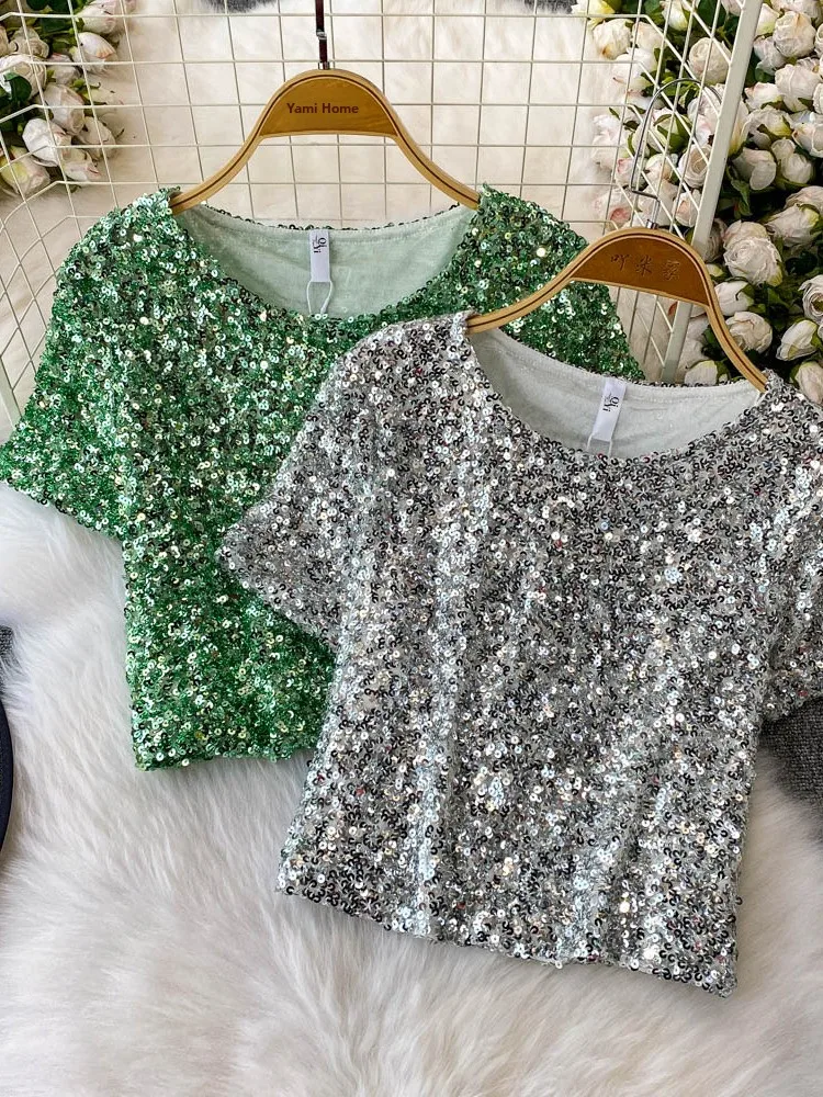 Fashionable Short Sexy Slim Fit Women's T-shirt Glittering Heavy Embellishment Summer New Design Korean Style Commute Style