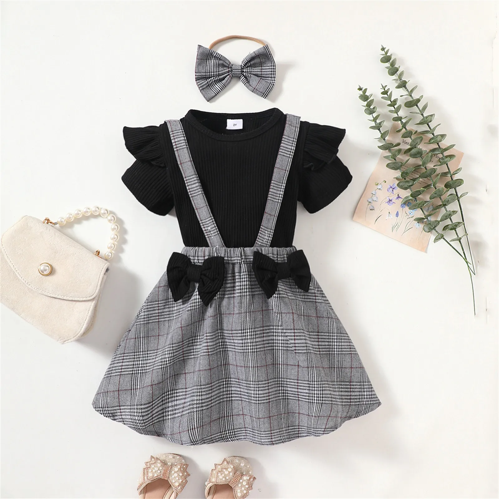 1-6Y Fashion Kids Girls Clothes Sets Short Fly Sleeve Solid Ribbed T Shirts+Suspender Plaid Skirts Headband 3 Pcs Kids Clothes