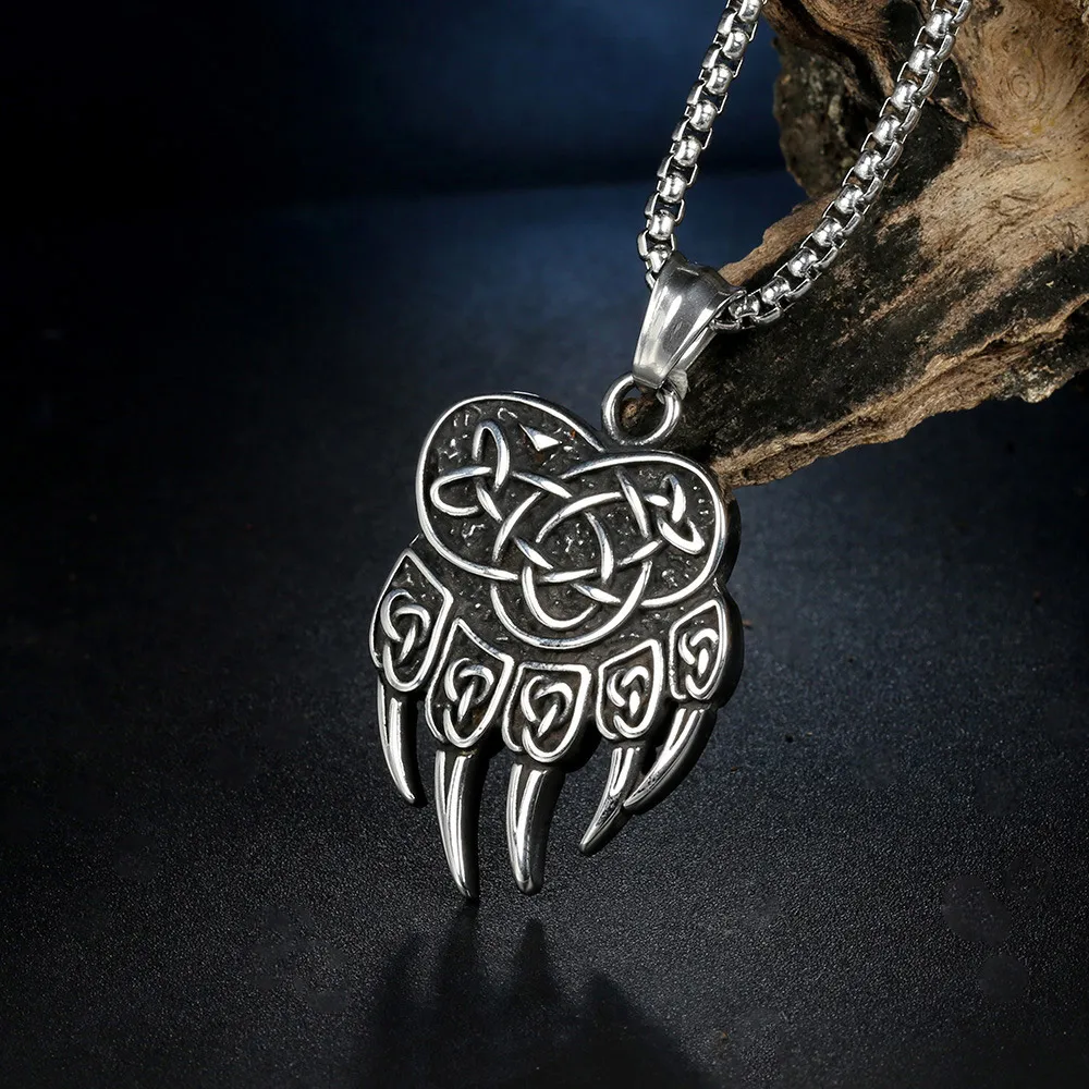 Bear Paw Celtic Knot Pendant Necklace Men Stainless Steel Retro Norse Animal Claw Charm Gothic Punk Biker Fashion Jewelry Gift