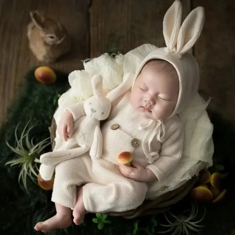 Animal Costumes Newborn Photography Clothing Soft Knitting Rabbit Hat and Doll Baby One-piece Pants Sets Studio Photo Outfits