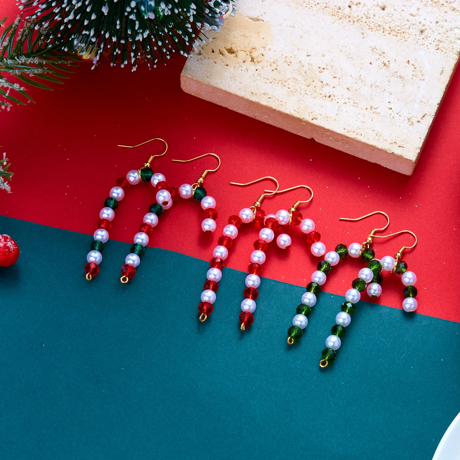 Christmas Candy Cane Earrings Set for Women Red Green Crystal Imitation Pearl Dangle Earrings 3 Pairs Holiday Jewelry Gift