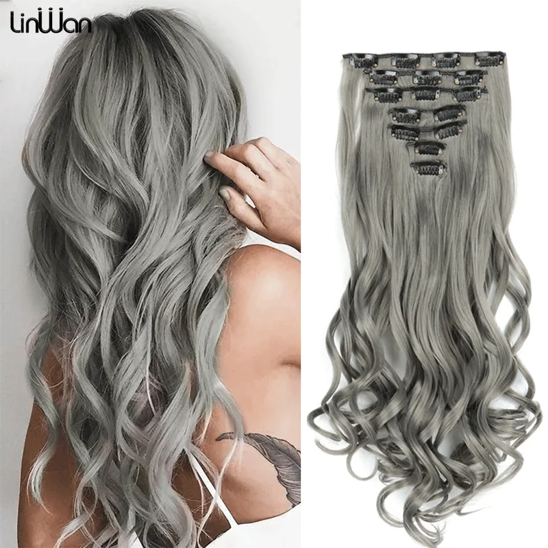 Extensión de cabello largo y ondulado de 22 pulgadas, extensiones de cabello sintético de alta temperatura, 16 Clips, degradado, gris y Rubio, 7