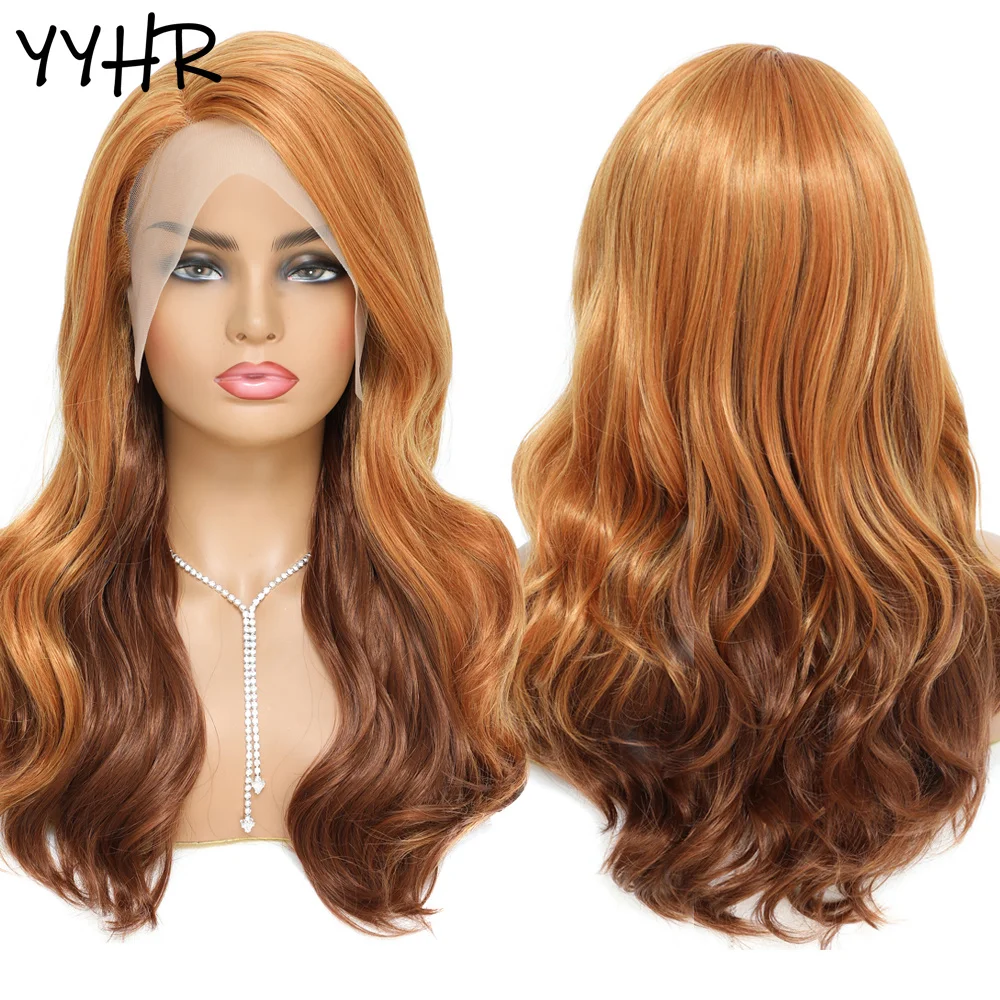 Natural Wave Lace Wig Syntheic Ginger Orange Ombre Brown With Side Part Women 13x1 4x1  Daily Or Party Use Good Quality Lace Wig