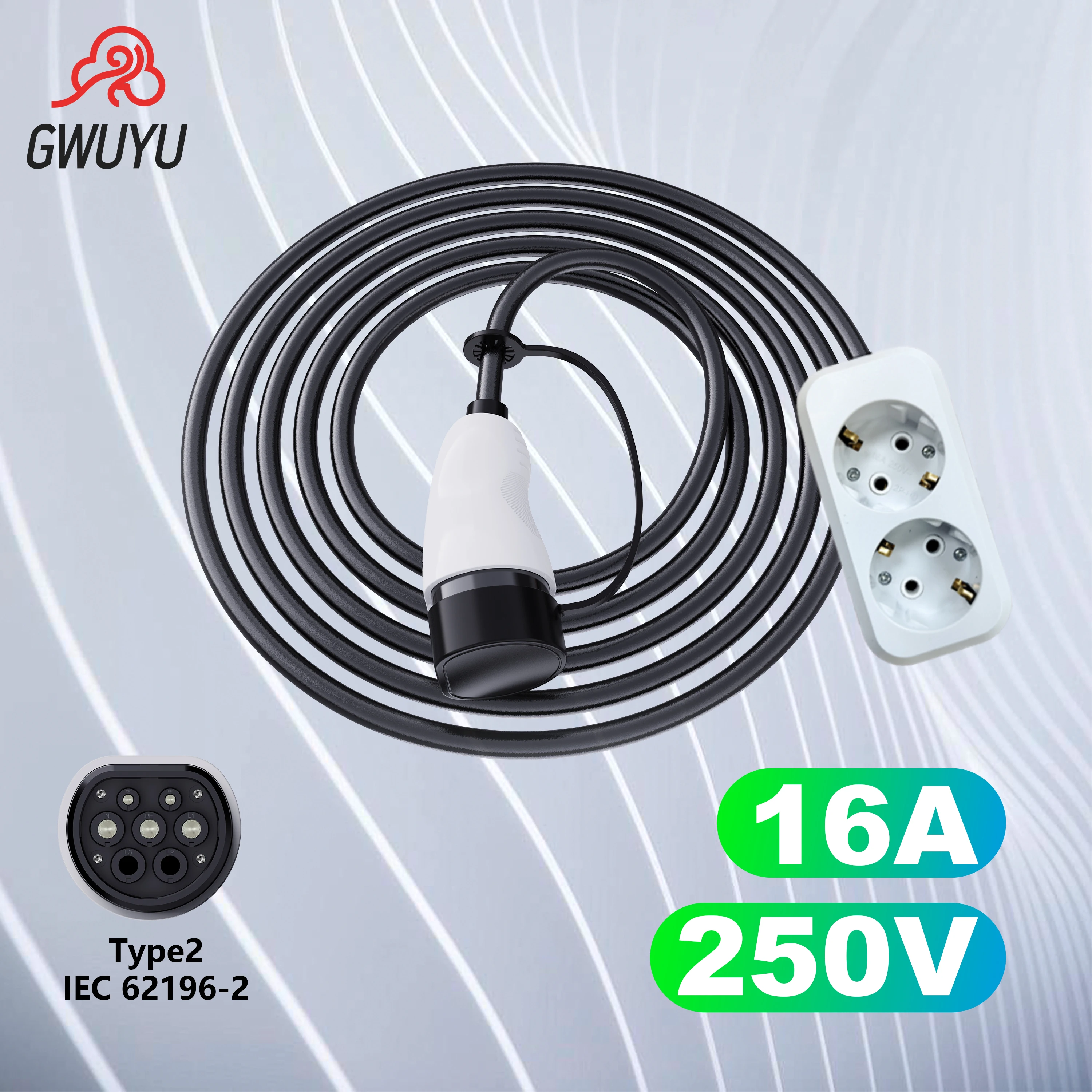 GWUYU EV Charger Cable 5M Discharing Gun Type2 3.5KW 16A 250V EU Socket for Electric Car Side V2L Vehicle to Load Adapter