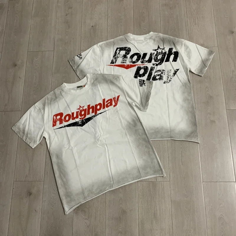 New Round Neck Men's Women's Rough Play Tops Street American Retro Distressed Black White Loose Cotton Short Sleeved T-shirts