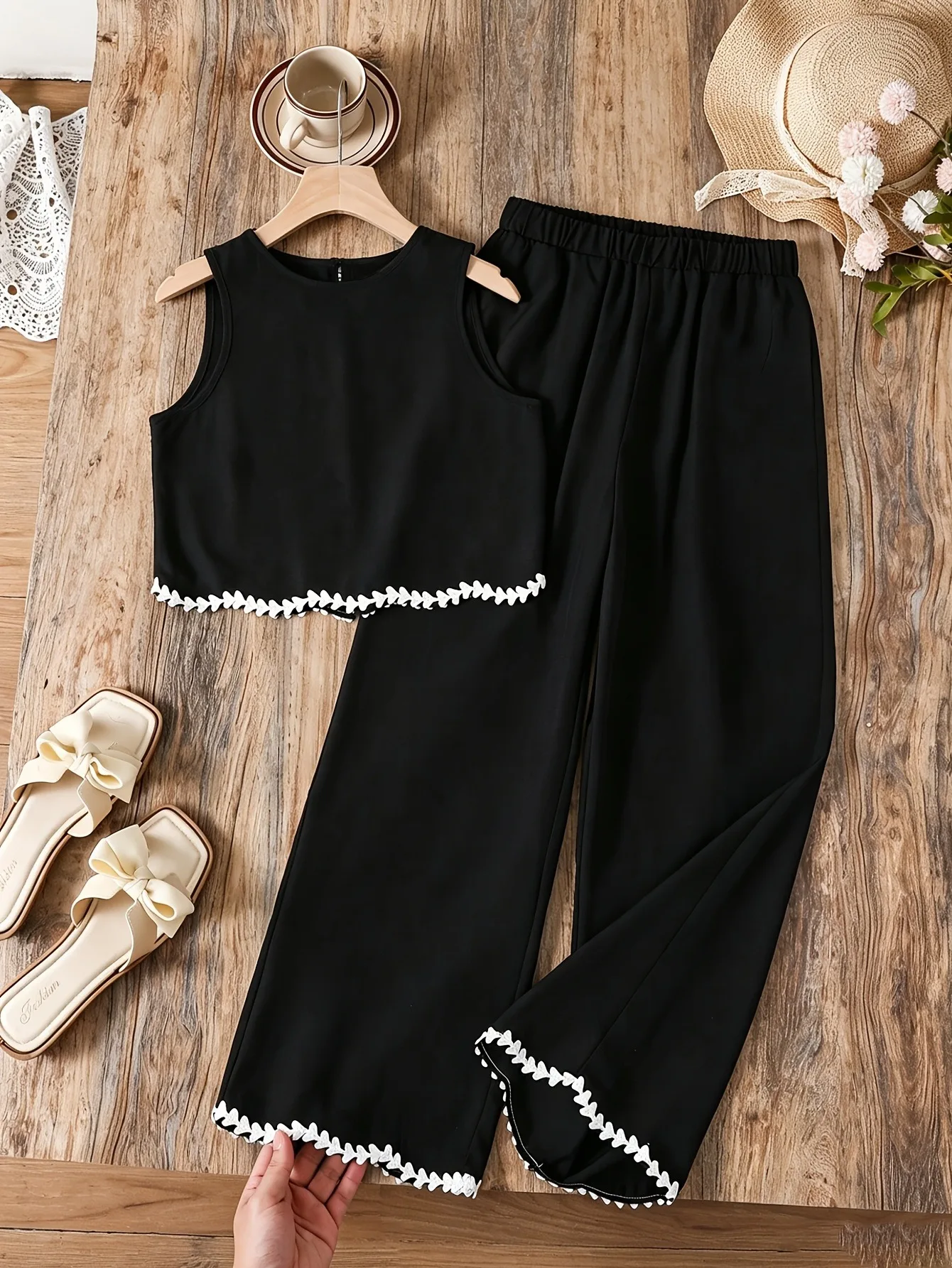 Kids Girls Two Piece Summer Clothes, Lace Trim Sleeveless Crop Tank Top + Loose Wide Leg Pants Outdoor Daily Wear