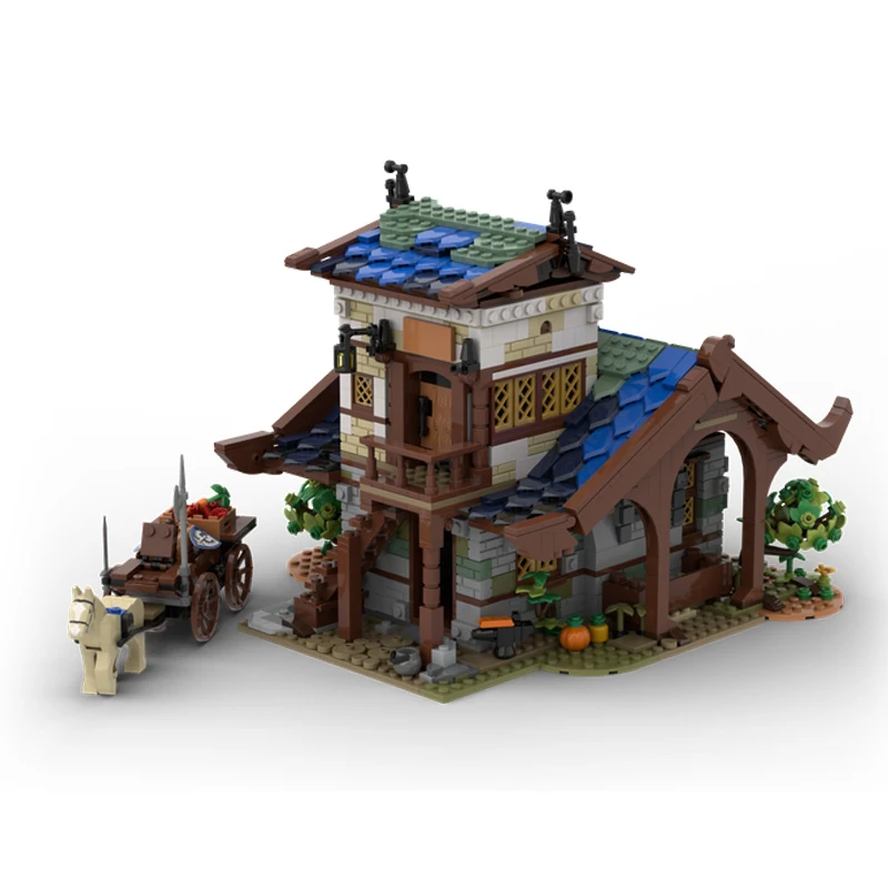 MOC Medieval Town Market Tavern Watermill Barn Windmill House Model Building Blocks DIY Street View Bricks Children Toys Gifts