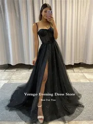 Verngo Black Glitter A Line Tulle Prom Dresses Spaghetti Straps Sweetheart Bones Side Slit 3D Flowers Long Evening Gowns
