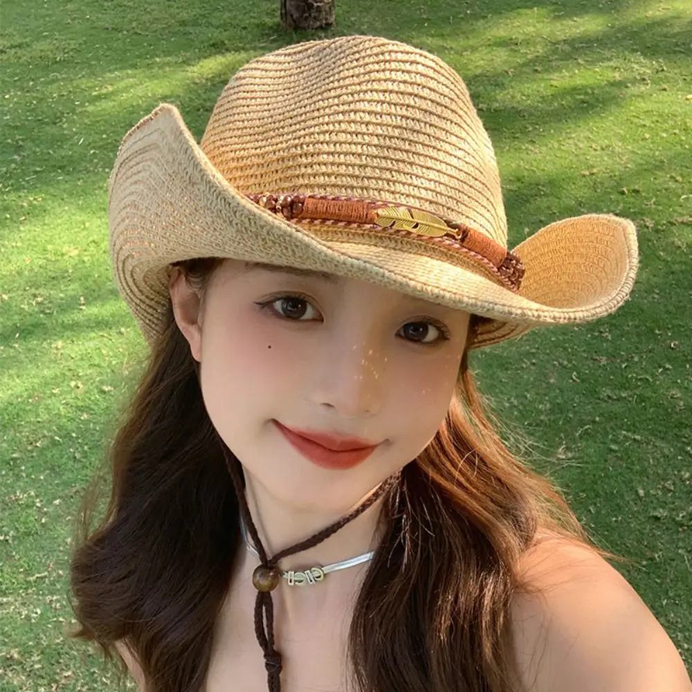 

Vintage Summer Western Cowboy Hats Hiking Wide Brim Straw Cowgirl Hat Vacation Travel Sunscreen Visor Cap for Women Men