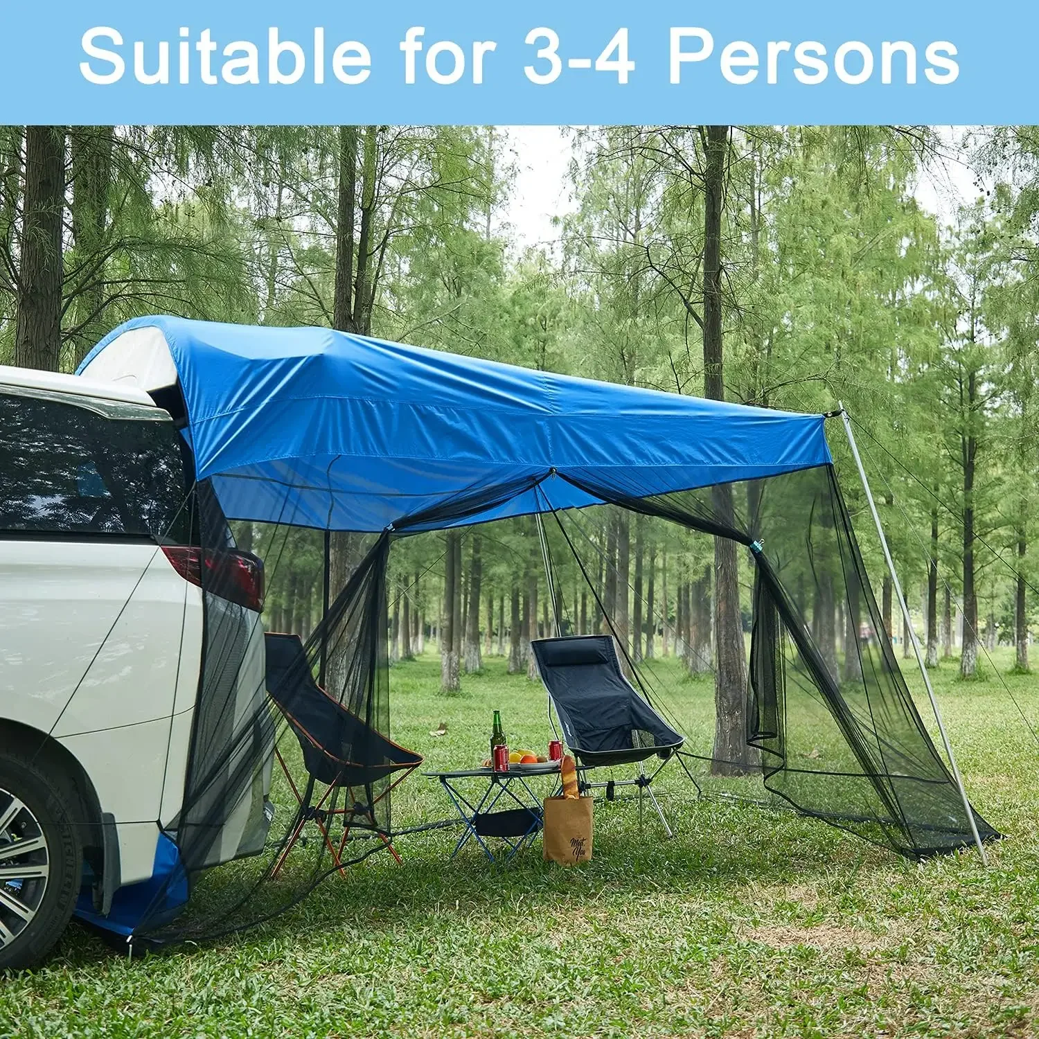 Car Awning Sun Shelter with Mosquito Net, Portable SUV Tent Tailgate Shade Car Canopy for Outdoor Camping Car Travel