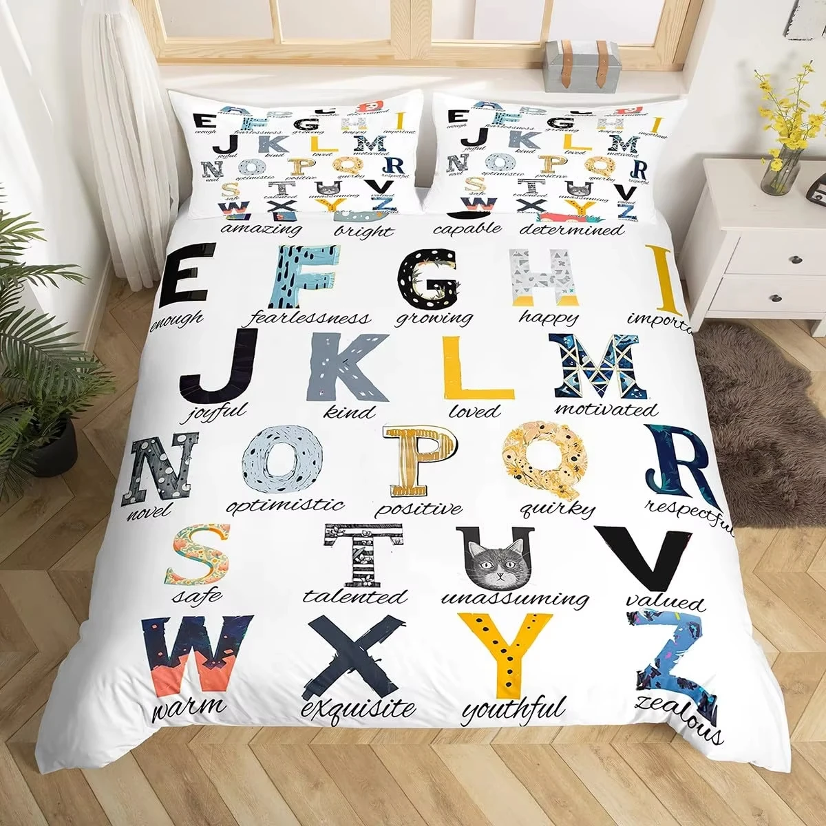 English Alphabet Duvet Cover Cartoon Animal Bedding Set Early Education Theme Quilt Cover Butterfly Bear Deer Comforter Cover