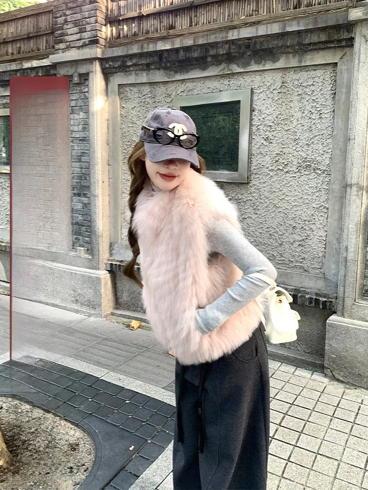 

Pure Fur Vest Jaet Women's ort Sle Autumn Winter Design Sensation Korean Version No Sve Stand Fit Outerwear