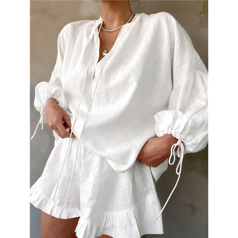ABP-Damen-Shorts-Set, zweiteiliges, langärmliges Bindeoberteil und gerüschte Boxershorts, passendes Freizeit-Set