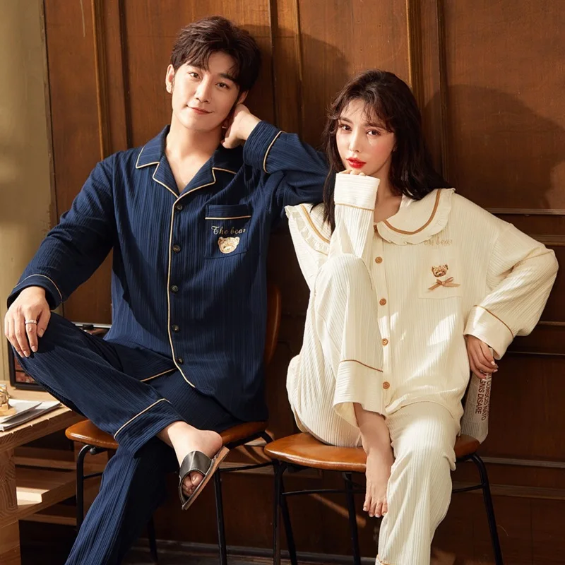 New 100% Cotton Pajamas Sets For Couple Loose Casual Cartoon Print Women And Men Sleepwear Nightgown Home wear 5
