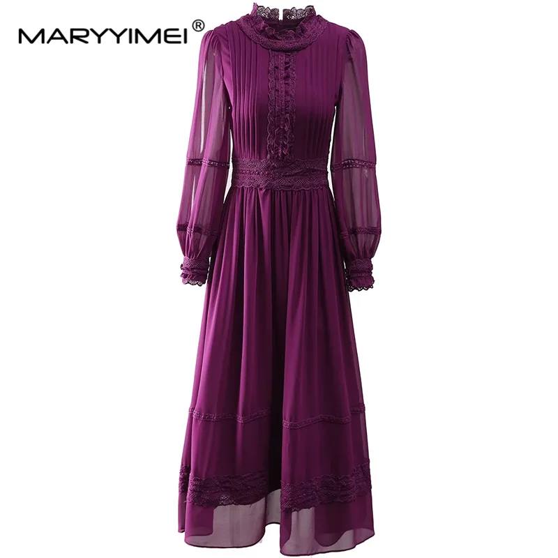 MARYYIMEI Autumn Women's Dress Stand Collar Lantern Sleeved Lace Splicing High Waiste Solid Color Folds Midi Dresses