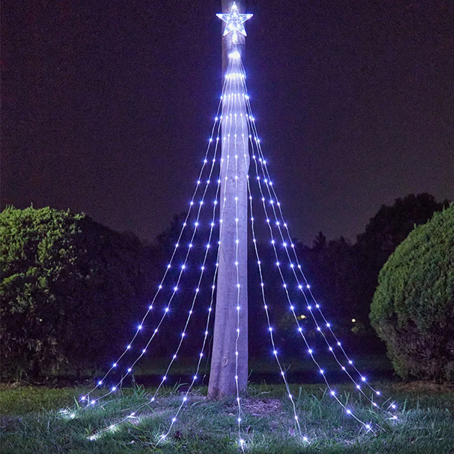 Cadena de luces de hadas navideñas para decoración de Año Nuevo, luces de jardín de cascada con estrellas remotas USB para exteriores, fiesta en casa y boda, 2025