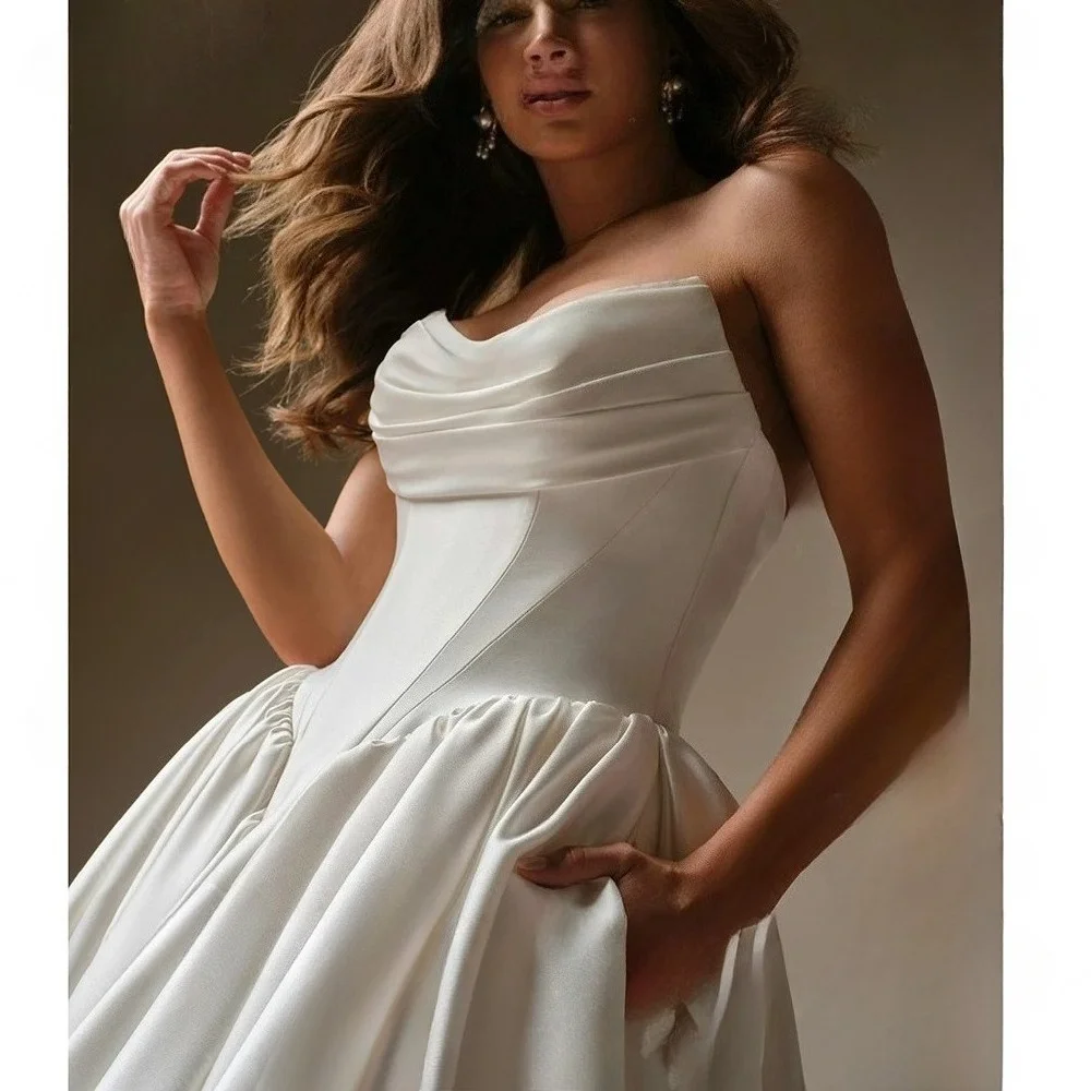 Customized 2026 Elegant Plus Size Strapless Satin A Line Wedding Dress Princess Bridal Gown Sleeveless Design for Bride Vestido