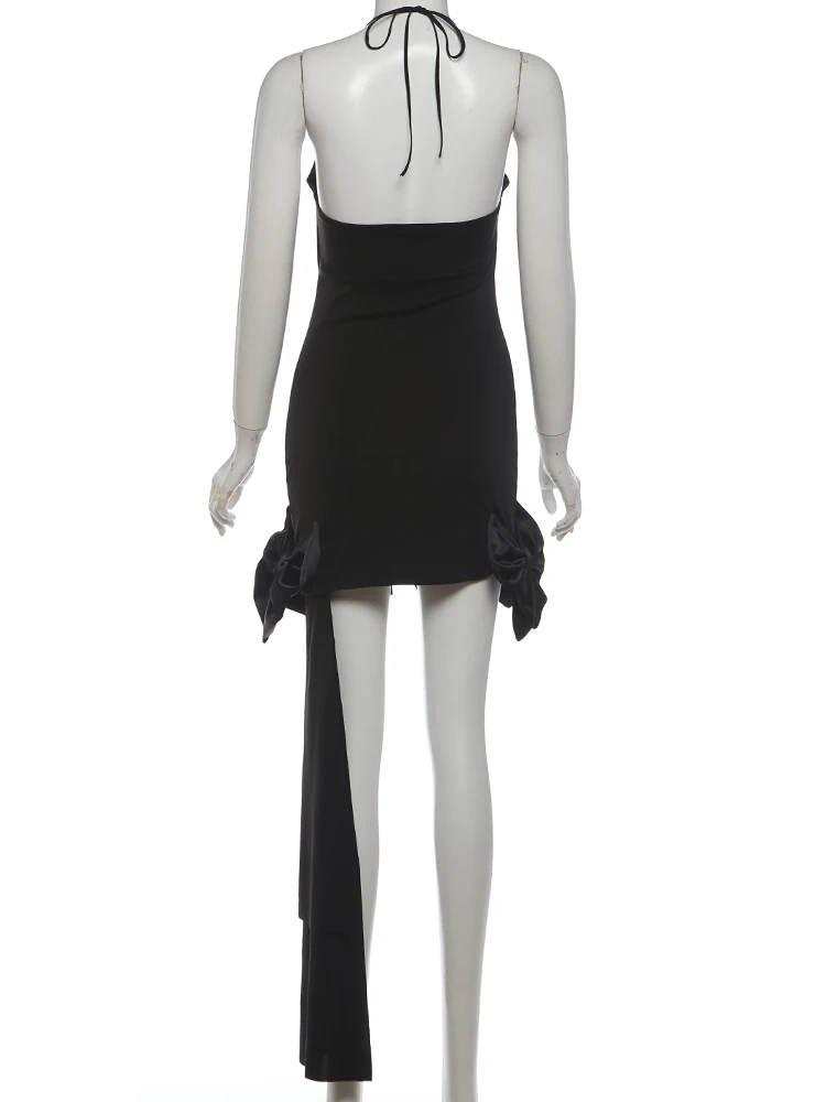 Weird Puss Kleid mit Schleifendekoration am Saum, Damen, Falten, Quasten, Neckholder, Bandage, ärmellos, rückenfrei, eng anliegend, elegant, Party, sexy, Bodycon – Detail 5