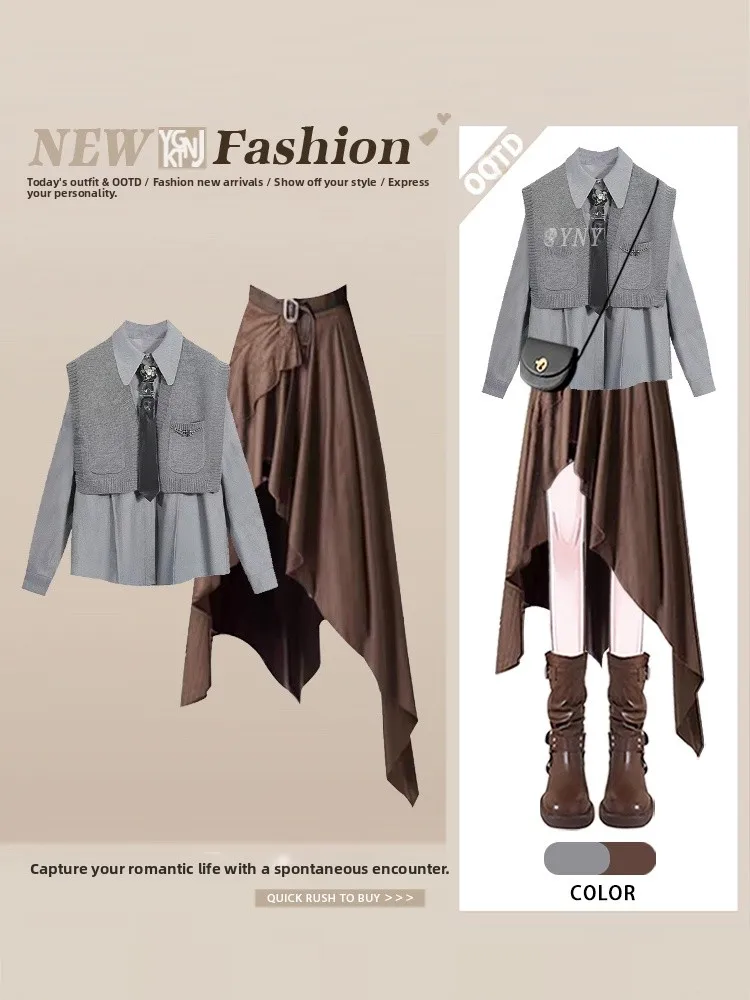 

Ele Long Sve irt и вязаный жилет для женщин, осенняя асимметричная юбка, модный костюм-футболка, повседневная одежда