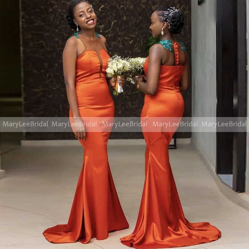 Sleeveless Bright Orange Mermaid Bridesmaid Dresses Skin Mesh with Green Appliques Long Wedding Guest Dress Bride Maid Gowns