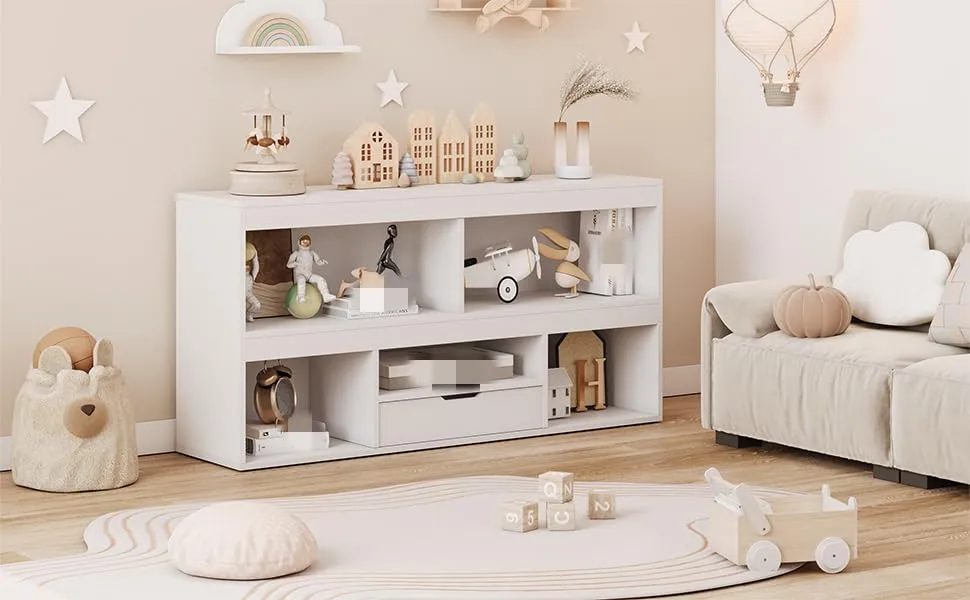 2-Tier Bookshelf and Toy Storage Organizer  Book Shelf with 5 Cubbies and 1 Drawer, Bookcase  Storage Cabinet for Playing Rooms