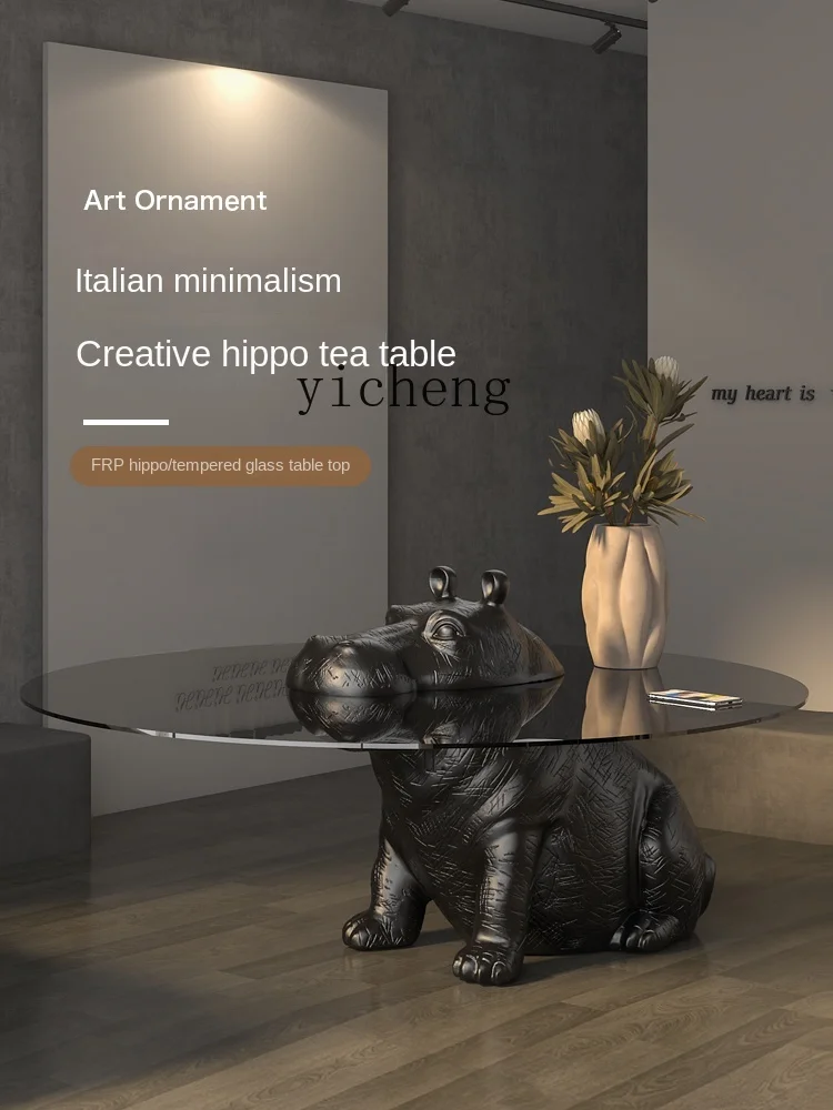 Tqh Hippo Coffee Table Floor Ornaments Design Artwork Living Room Tempered Glass