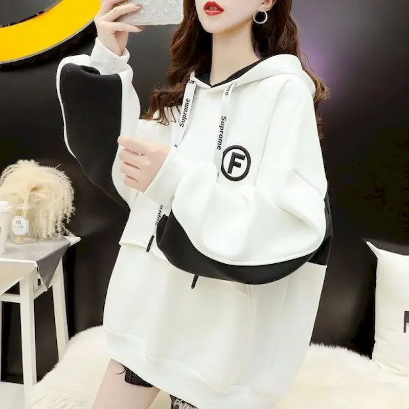 Plush Thicken Hoodies Women Fashion Patchwork Hooded Coats Autumn Winter Trendy Korean Loose Hoodie Y2k Clothes Womens Tops