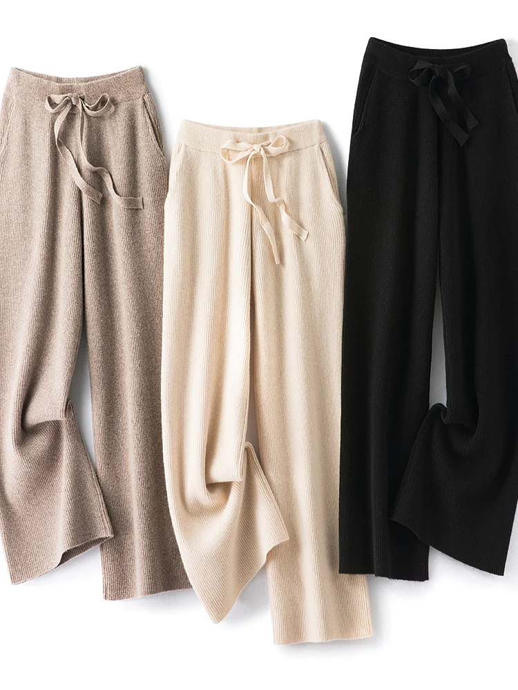 New Women' s Wool Side Pocket Wide Leg Pants Autumn Winter 100% Merino Wool Vertical Knit Pants Chic Office Lady Pants ﻿