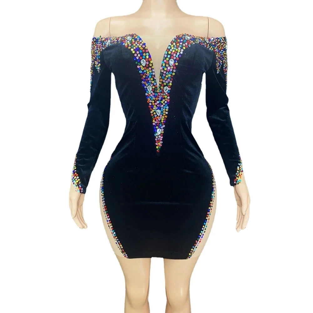 

Luxury Diamond stone bar Rhinestones Long Sleeve Black Velvet Short Dress Sexy Birthday Celebrate Evening Party Dress