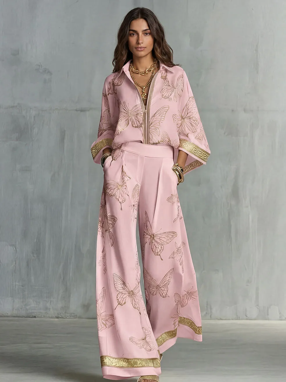 Women Oversized Print Shirt Pants Sets Lapel Long Sleeves Top High Elastic Waist Wide-leg Pant Suit Female Two Piece Set Outfits