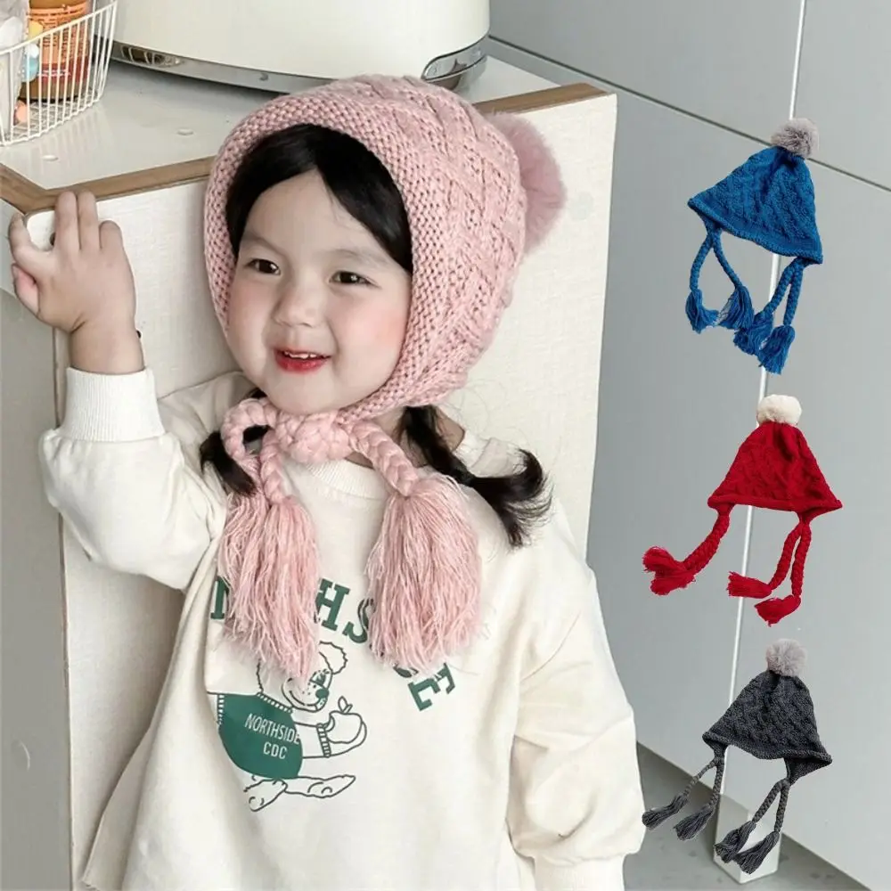

Cute Autumn Winter Baby Crochet Hat Soft Warm Pom-pom Hand Knitted Cap Tassel Pigtail Outdoor Ear Protection Cap Toddler