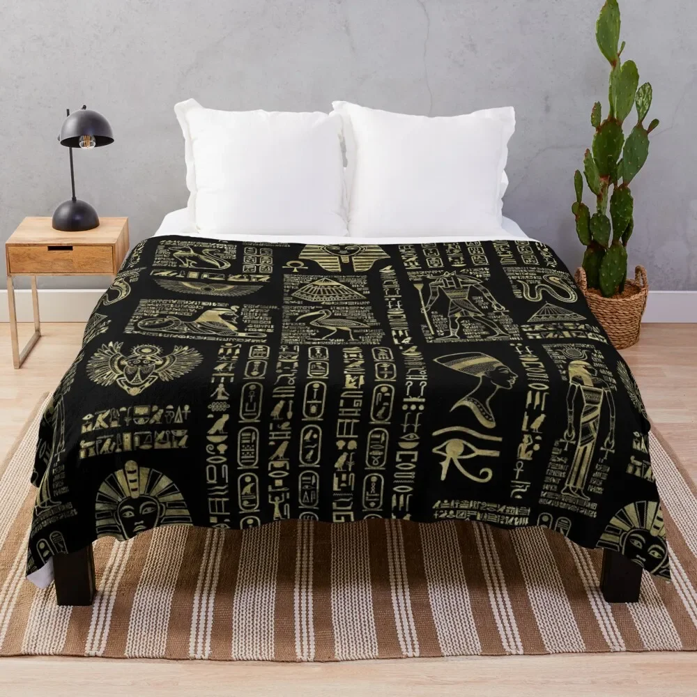 Egyptian hieroglyphs and deities gold on black Throw Blanket Luxury Designer Flannel Blankets